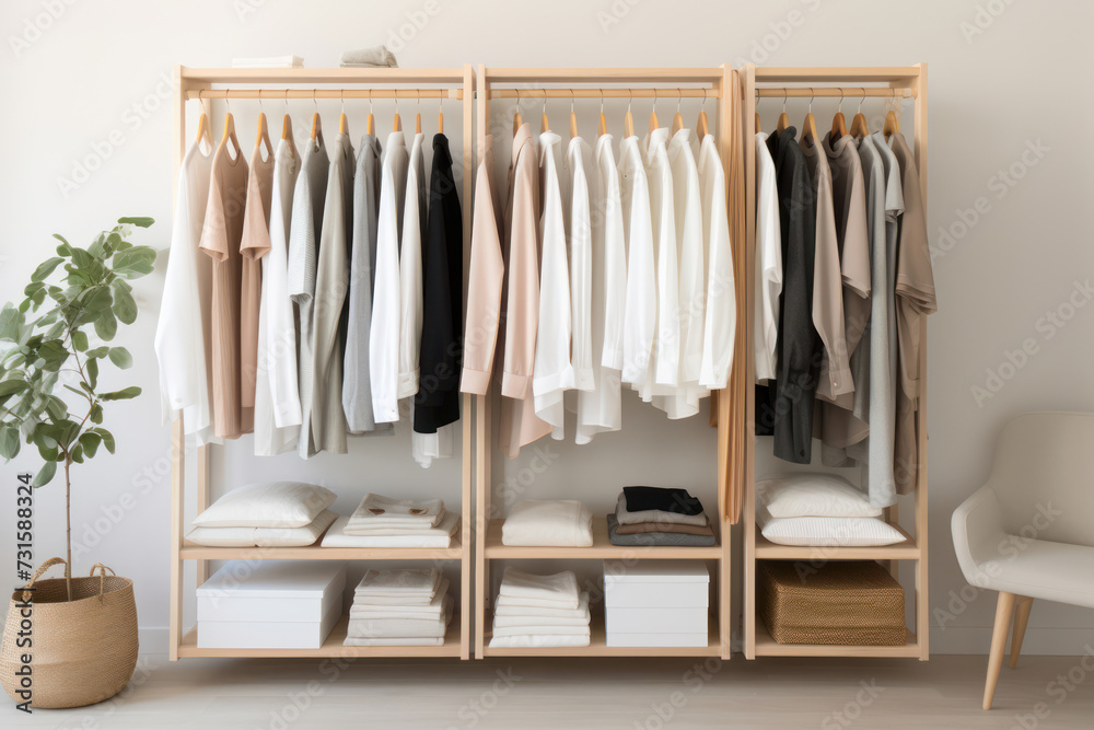 
Photo of a neatly organized, minimalist wardrobe with a limited color palette, showcasing simplicity and order