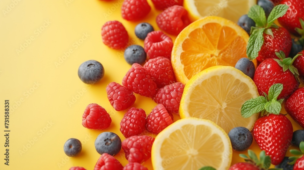 Clean backdrops accentuated by colorful summer fruits, radiating energy and vitality Clean backdrops accentuated by colorful summer fruits, radiating energy and vitality