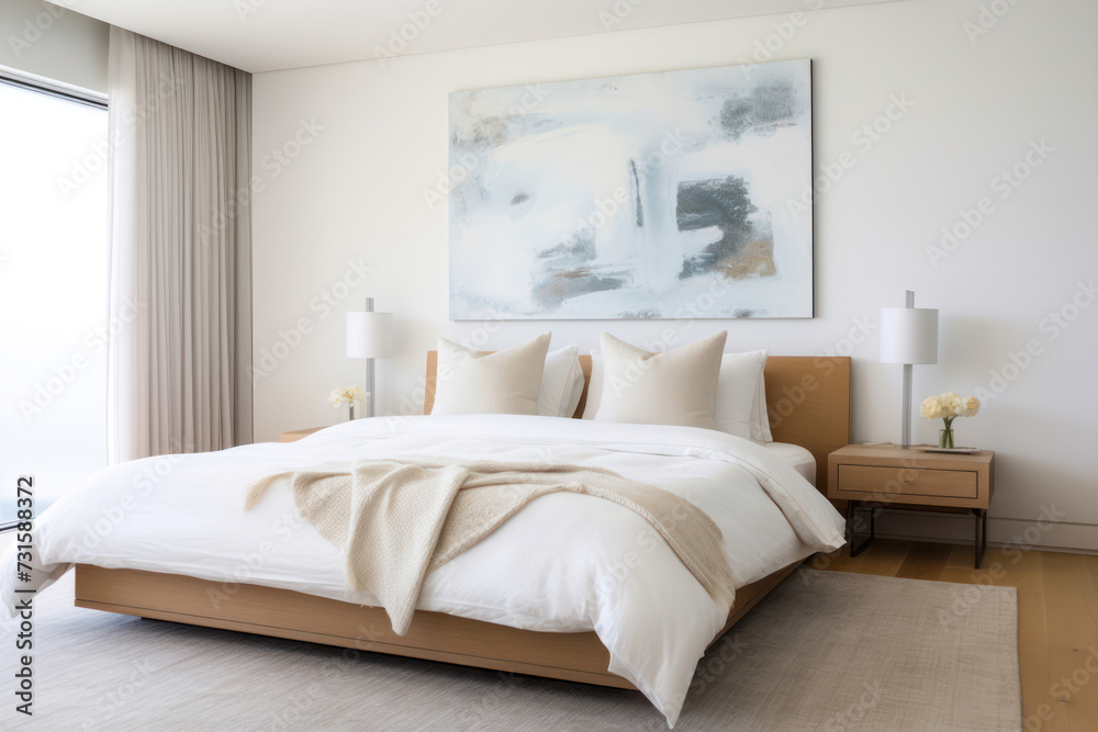 Minimalist bedroom with a low bed, white linens, and a single piece of tranquil art on the wall Minimalist bedroom with a low bed, white linens, and a single piece of tranquil art on the wall