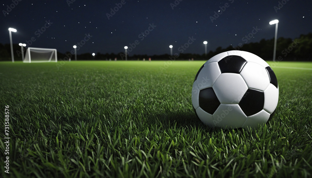 Grass field, soccer ball, night nature, bright team sport 