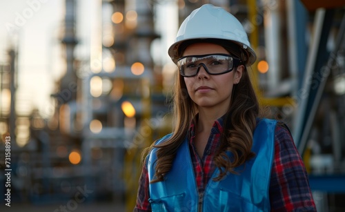 Female engineer at oil refinery, wearing protection construction white helmet and vest.