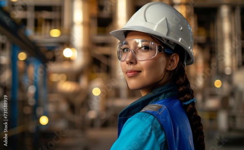 Female engineer at oil refinery, wearing protection construction white helmet and vest.