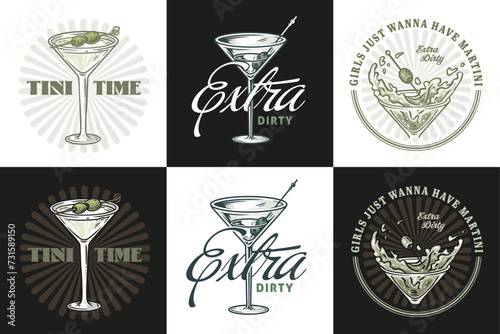 Martini cocktail vector set with olive and splashes for alcohol for cocktail bar or drink party. Margarita or martini collection for logo or tee print of bartender or barman