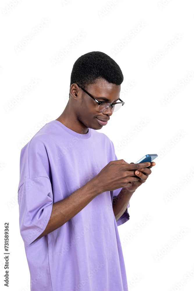 Black american man smiling with smartphone in hands, portrait. Online browse, texting, isolated on transparent background. Concept of network and social media Black american man smiling with smartphone in hands, portrait. Online browse, texting, isolated on transparent background. Concept of network and social media