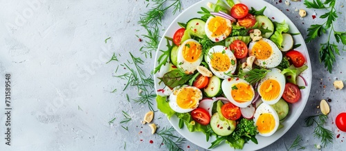 Vegetable salad with quail eggs, keto food, healthy eating, on a light gray table, selective focus, top view, no people. © 2rogan