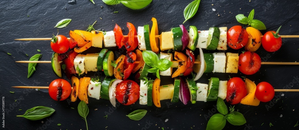 Healthy appetizers with vegetables, cheese, herbs on skewers.