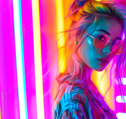 Fashion Surreal Concept. Stunning woman girl in neon light with collage graphic futuristic bright bold art deco aesthetics background. illuminated with dynamic composition and dramatic lighting
