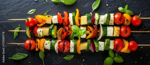 Healthy appetizers with vegetables, cheese, herbs on skewers. photo