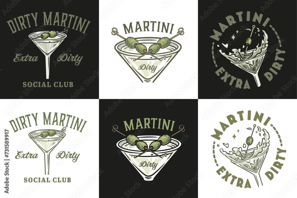 Martini cocktail vector set with olive and splashes for alcohol for ...