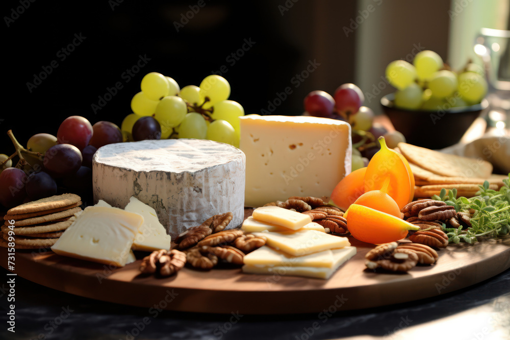 A sophisticated raw vegan cheese platter featuring assorted nut cheeses, fruit, and raw crackers, on an elegant table setting