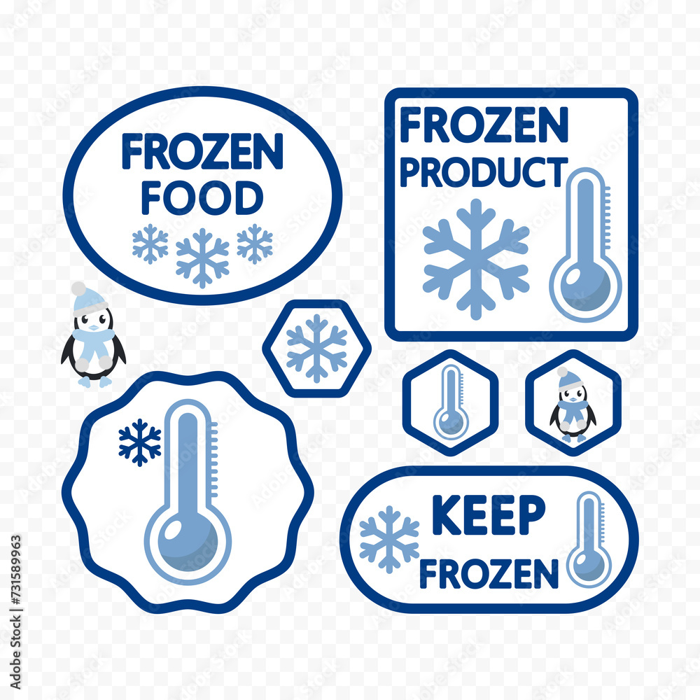 Fototapeta premium Frozen food label, packaging and storage, sticker with snowflake and thermometer.