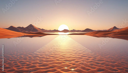 3d render. Abstract minimalist background of fantastic sunset landscape, golden flat geometric shape, hills and reflection in the water. Surreal aesthetic wallpaper