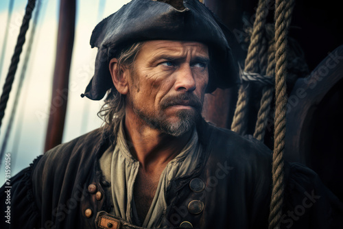 Male pirate, around 42 years old, with a weathered face, gazing into the distance on his ship, retro style