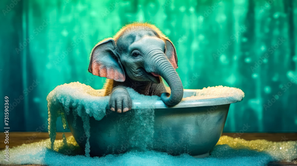 A playful baby elephant splashes joyfully in a bubbly bath - obrazy, fototapety, plakaty 