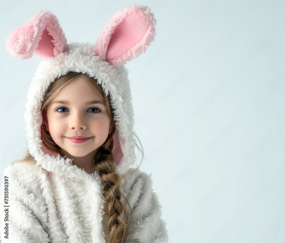 Easter Celebration: Adorable Smiling little Girl in Fuzzy White Easter Bunny Costume Easter Celebration: Adorable Smiling little Girl in Fuzzy White Easter Bunny Costume