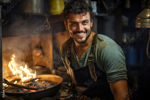Male pirate, 30 years old, in the galley, with a warm smile as he cooks, vintage ambiance