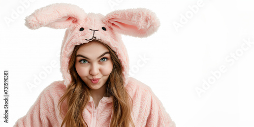Alluring Kiss from a Bunny Girl for Valentine's and Easter Celebration. The Girl is isolated on white background for best results.