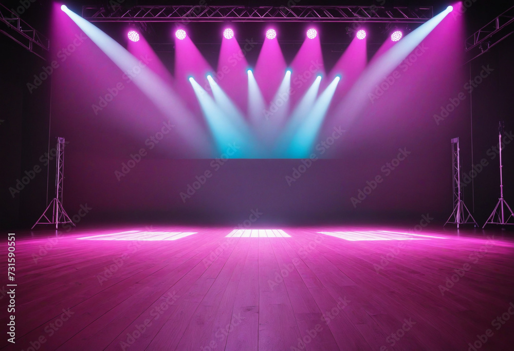 Empty stage light background with spotlight illuminated stage for concert or modern dance. Stage with pastel color decoration. Entertainment show. Night club stage with pink blue light. - obrazy, fototapety, plakaty 