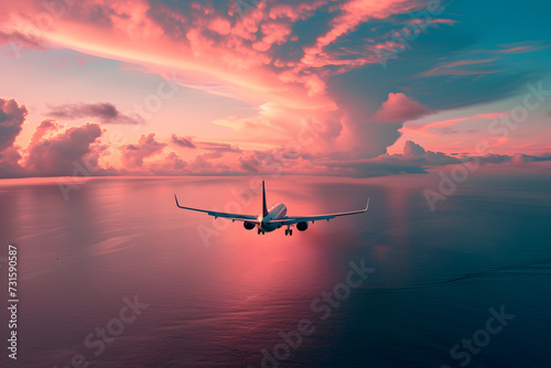 the plane flies in pink clouds © Olga