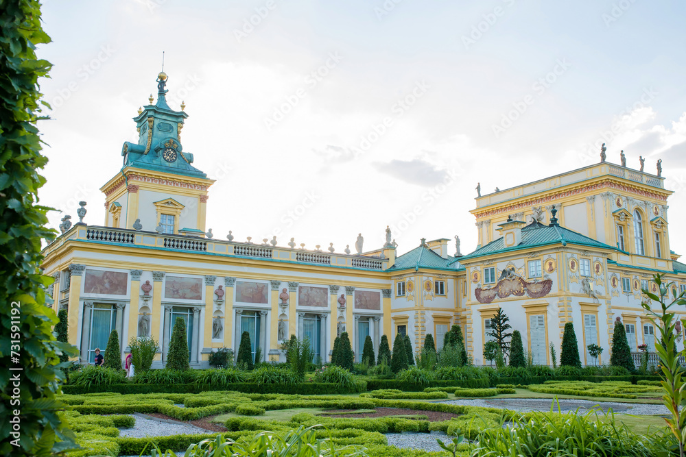 The royal Wilanow Palace in Warsaw, Poland. View of a gardens and facade.