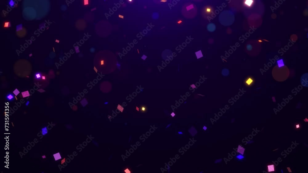 Falling multi-colored confetti particles and beautiful glowing bokeh. Colorful abstract background 3D, 4K, seamless loop.