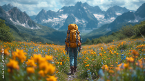 Epic Mountain Journey Back View of Hiker with Backpack