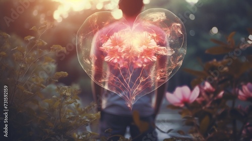 A double exposure of a person's heart and a flower, showing their capacity for love. © HAMEEDA