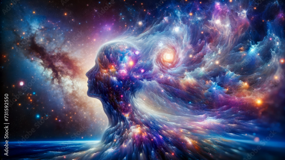 Cosmic Awakening: The Nexus of Self-Realization and Radiant Illumination within the Human Mind. - obrazy, fototapety, plakaty 
