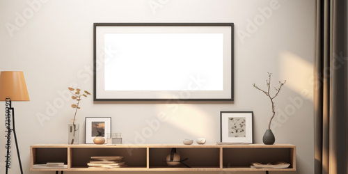 The mockup frame, provided as a PNG file with a transparent background, elegantly displays a living room scene, offering a versatile design element for various creative projects.