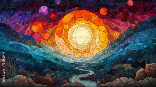 Stained glass window background with colorful Moon and sun abstract. photo