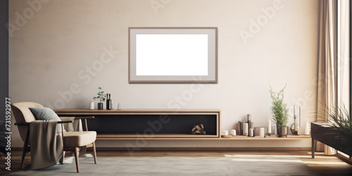 The mockup frame, available as a PNG file with a transparent background, beautifully showcases a sunlit living room wall, providing a versatile asset for design projects.
