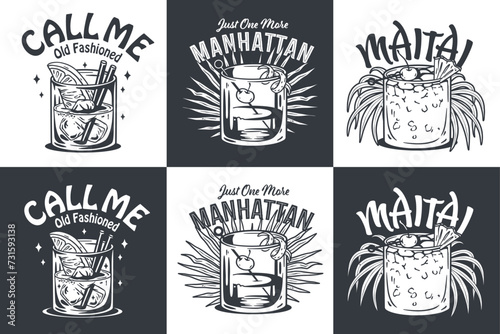 Monochrome Mai Tai cocktail and Manhattan cocktail vector set with slice of pineapple and cherry for cocktail bar or summer party. Exotic cocktail collection with tequila for beach bar and cafe menu