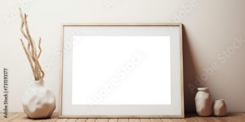 This mockup features a wooden frame, available as a PNG file with a transparent background, positioned on the floor, providing a versatile presentation option for your artwork.