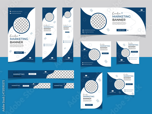 Set of white and blue web banners of all size with different geometric elements. Social Media Cover ads banner, flyer, invitation. Abstract banner design web template Set.