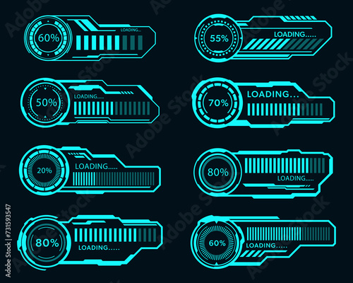 Vector set loading bar progress frame hud futuristic design element.