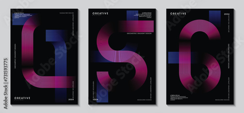 Covers design with abstract geometric gradient glowing line on a black background collection. Concept technology, digital for brochures and poster. EPS vector illustration.