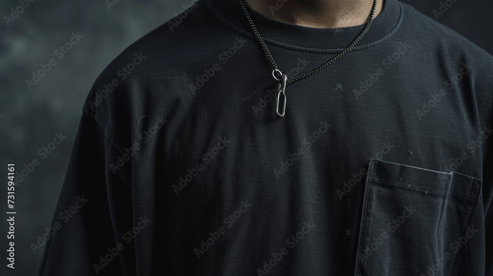 a black T-shirt with a hole in the left sleeve and a safety pin attached to it 