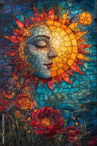 Stained glass window background with colorful Moon and sun abstract.