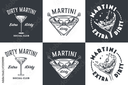 Monochrome martini cocktail vector set with olive and splashes for alcohol for cocktail bar or drink party. Margarita or martini collection for logo or tee print of bartender or barman