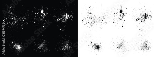 Splash collection of distressed ink splatter blood black and white paint grunge brush stroke drop banner background. Isolated bundle of paint splash hand-drawn grungy black and white paintbrush