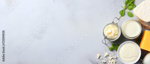 Various farm dairy products - cheese, milk, cottage cheese on a light background with copy space for text photo