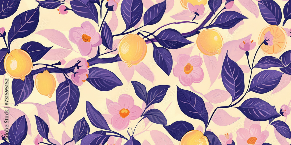 Vibrant hand-painted floral and fruit lemon seamless pattern with colorful blooms flowers and fruits, bright floral background. Botanical wallpaper. Vibrant hand-painted floral and fruit lemon seamless pattern with colorful blooms flowers and fruits, bright floral background. Botanical wallpaper.