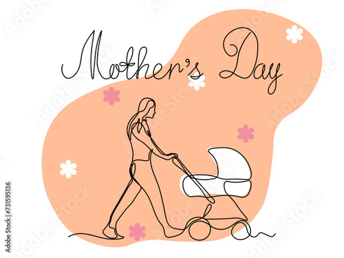 Mothers Day. A woman with a baby carriage. continuous single one line art hand drawing sketch