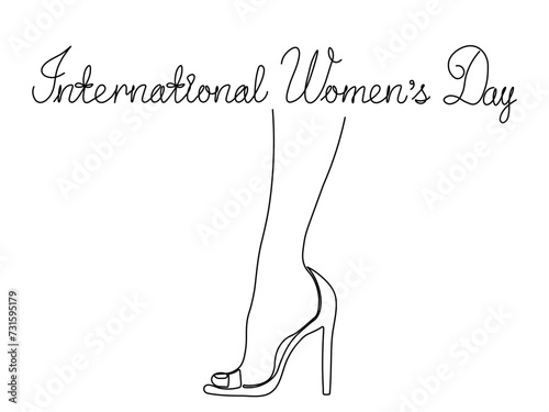 International Women's Day.A woman's foot in a heeled shoe. continuous one line art hand drawing sketch card
