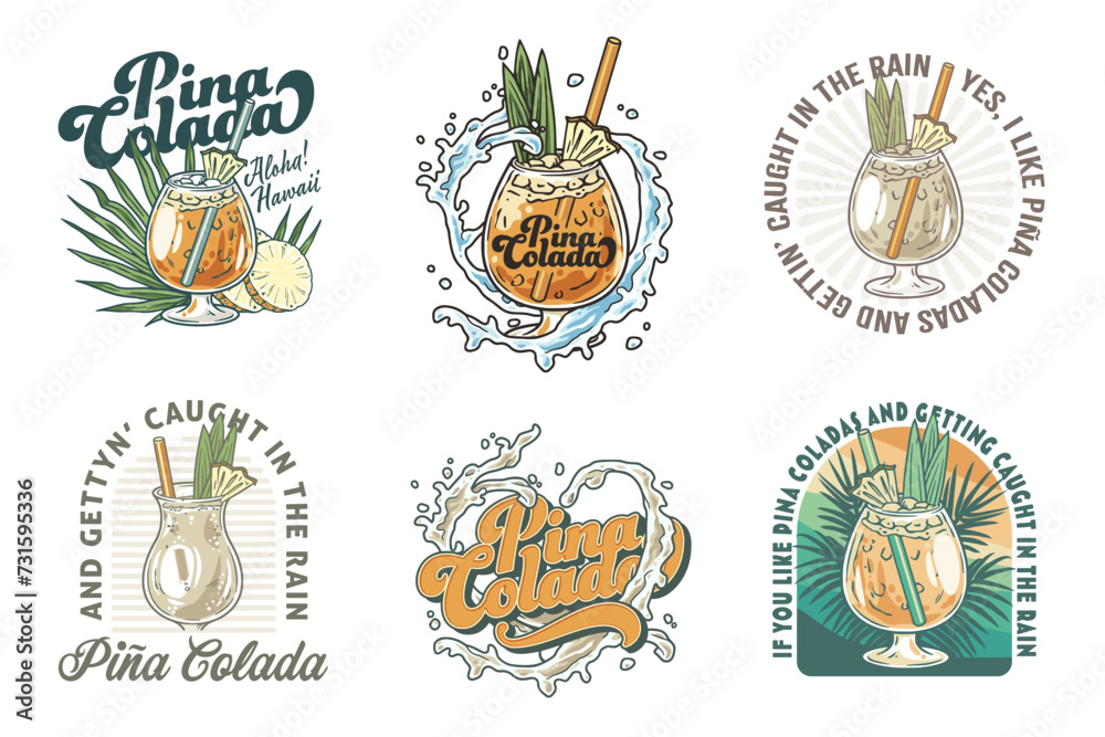 Naklejka premium Pina Colada cocktail tee print vector set with splashes and slice of pineapple for cocktail bar or drink summer party. Pina alcohol cocktail collection lettering with rum for beach bar and cafe menu