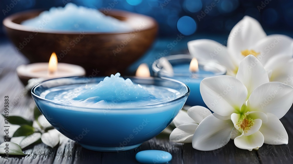 Flowers, candles, bowls with blue cream and salt. Pale blue background for spa presentation. Relaxing mood by SPA attributes. Flowers, candles, bowls with blue cream and salt. Pale blue background for spa presentation. Relaxing mood by SPA attributes.