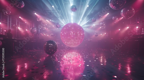 Lively dancefloor, glowing pink disco ball. 