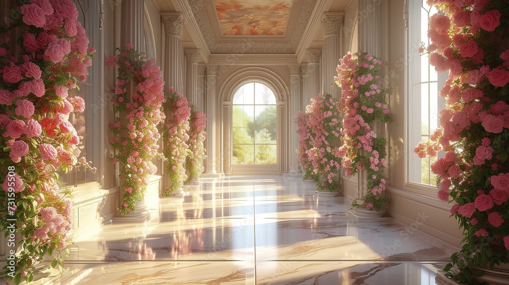 Luxury Palace Interior decorated with pink roses. Palace Interior background