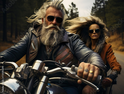 stylish hipster middle age couple - bearded brutal male in sunglasses and leather jacket sitting on a retro motorcycle and sensual girl sitting near, riding on forest road background.