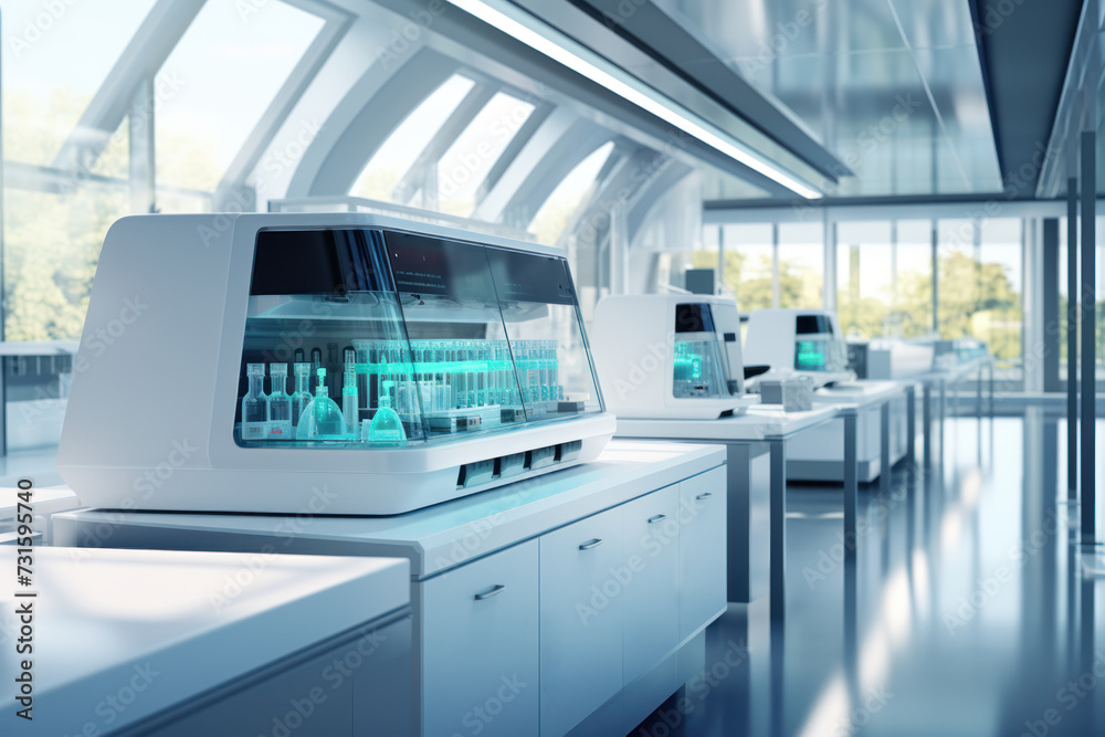 Scientific glass boxes in the modern laboratory. Healthcare, laboratory research and diagnostics concept Scientific glass boxes in the modern laboratory. Healthcare, laboratory research and diagnostics concept